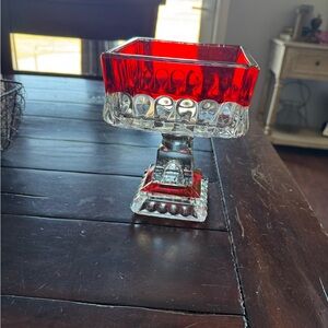 Vintage Red and Clear Glass Pedestal Bowl